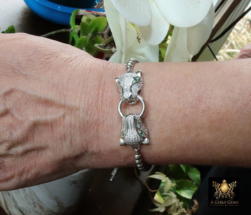 Tiger Head Bracelet, Silver Animal Bead CZ Cat Head Adjustable Bolo Bracelet, Cubic Zirconia Chain Bracelets - A Girls Gems